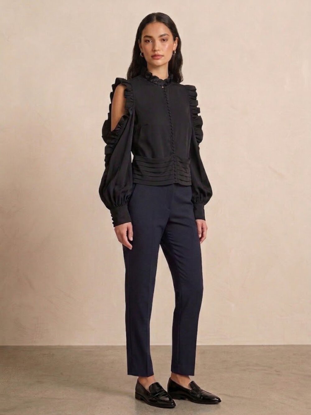 Black Ruffle-Trim Button Front Blouse